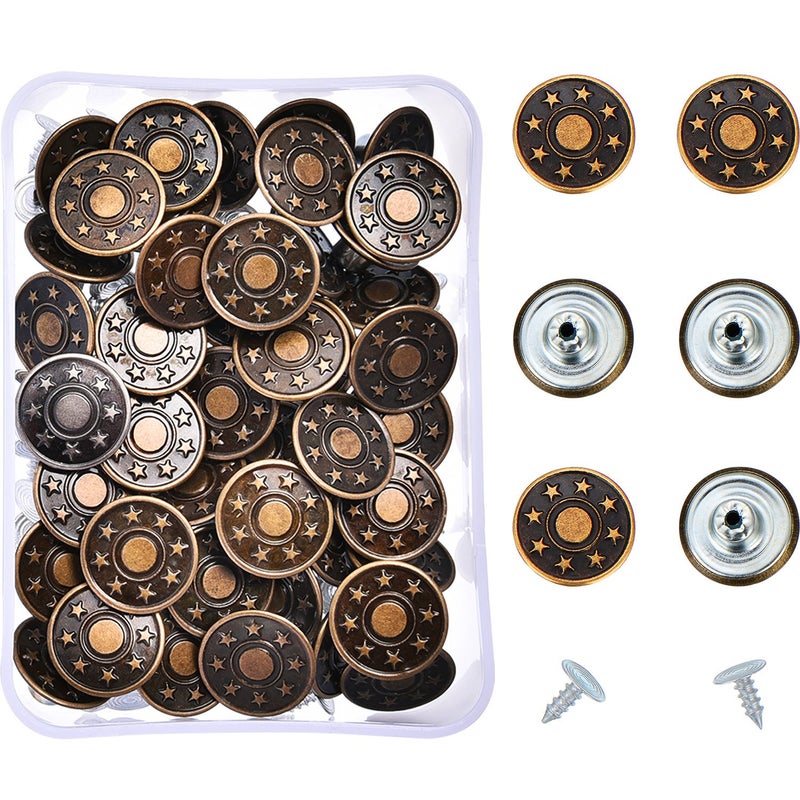 Hestya 40 Sets Jeans Buttons Metal Snap Buttons Replacement Kit with Rivets and Plastic Storage Box (Bronze) - Image 1